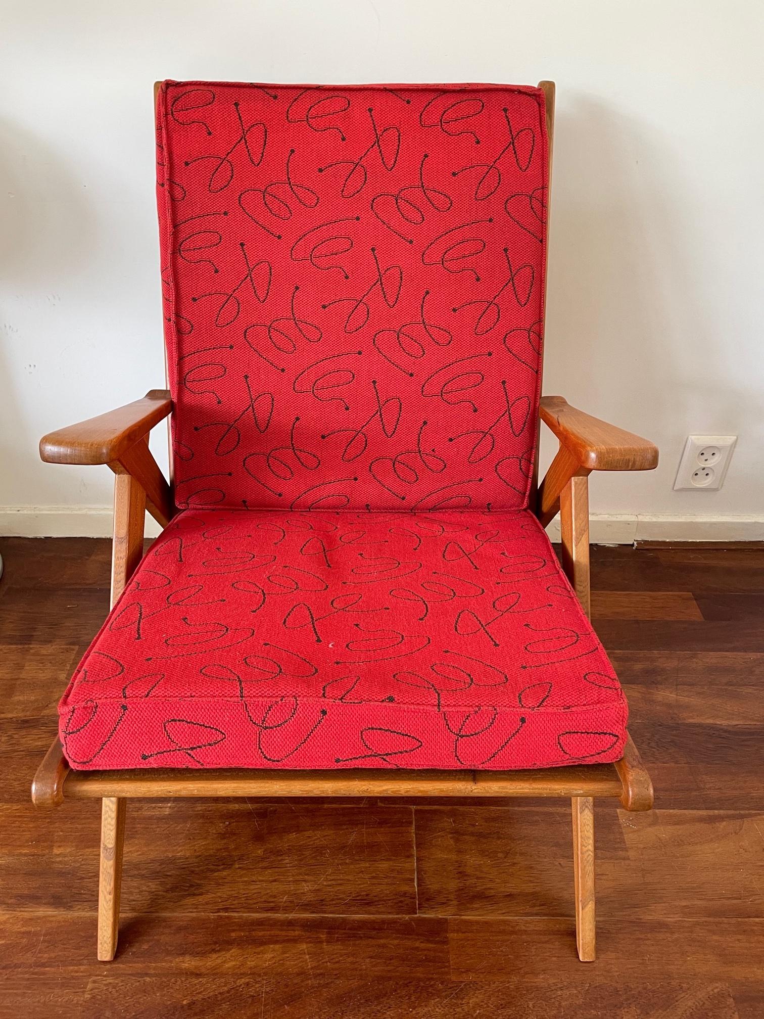 Cotton Vintage Red Danish Design Chair, Mid Century Wooden Chair, Original Fabric, 60's For Sale