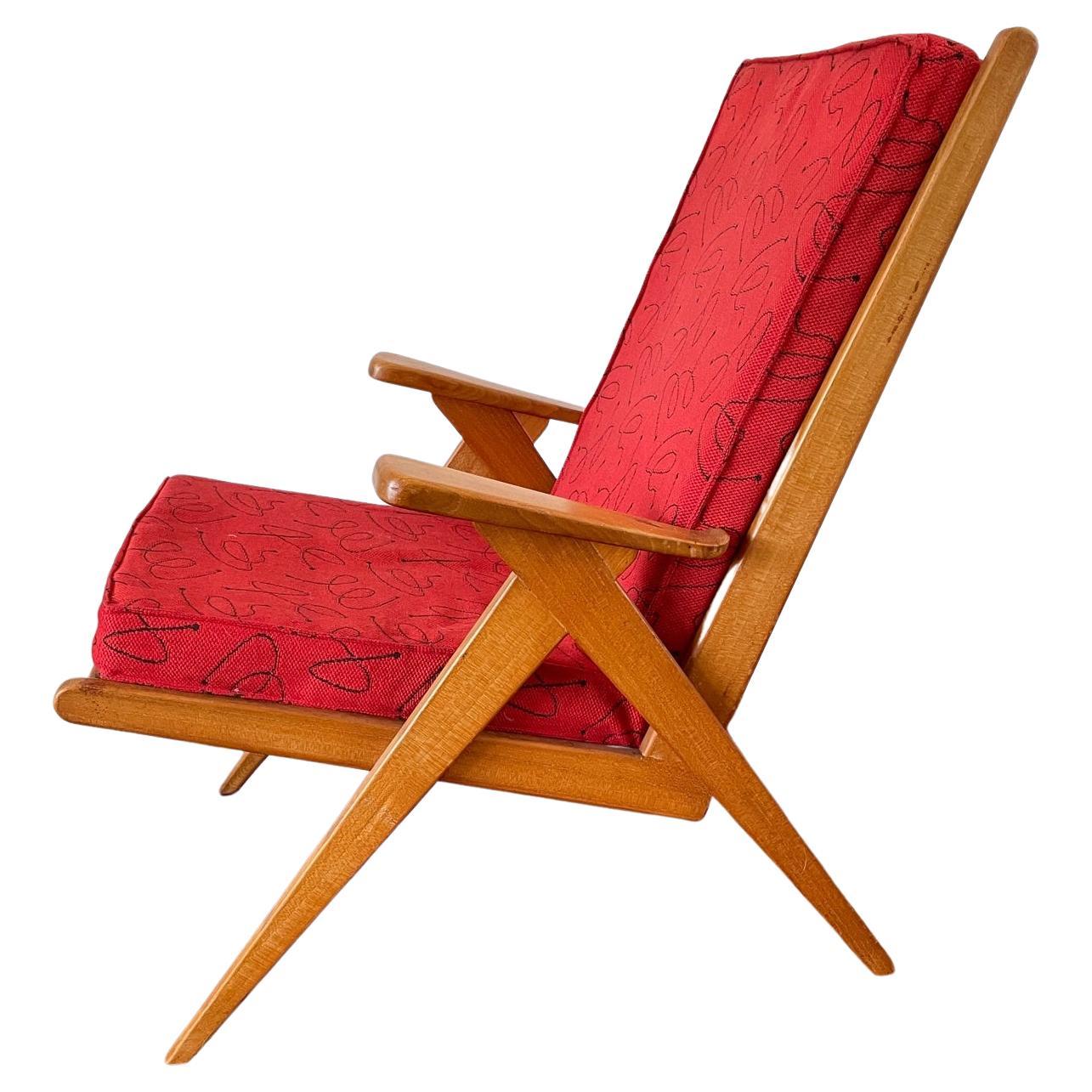 Vintage Red Danish Design Chair, Mid Century Wooden Chair, Original Fabric, 60's For Sale