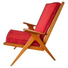 Vintage Red Danish Design Chair, Mid Century Wooden Chair, Original Fabric, 60's