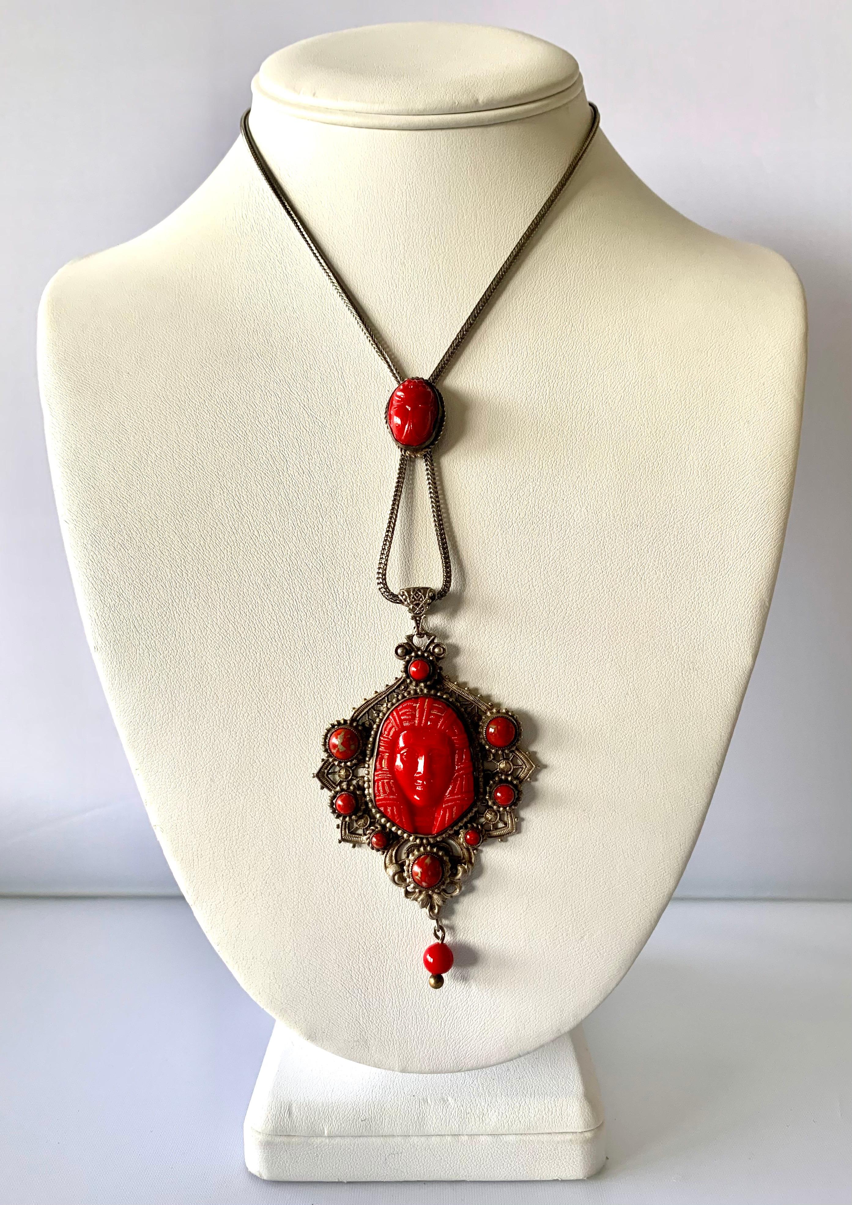Vintage Red Egyptian Revival Czech Necklace  In Excellent Condition In Palm Springs, CA