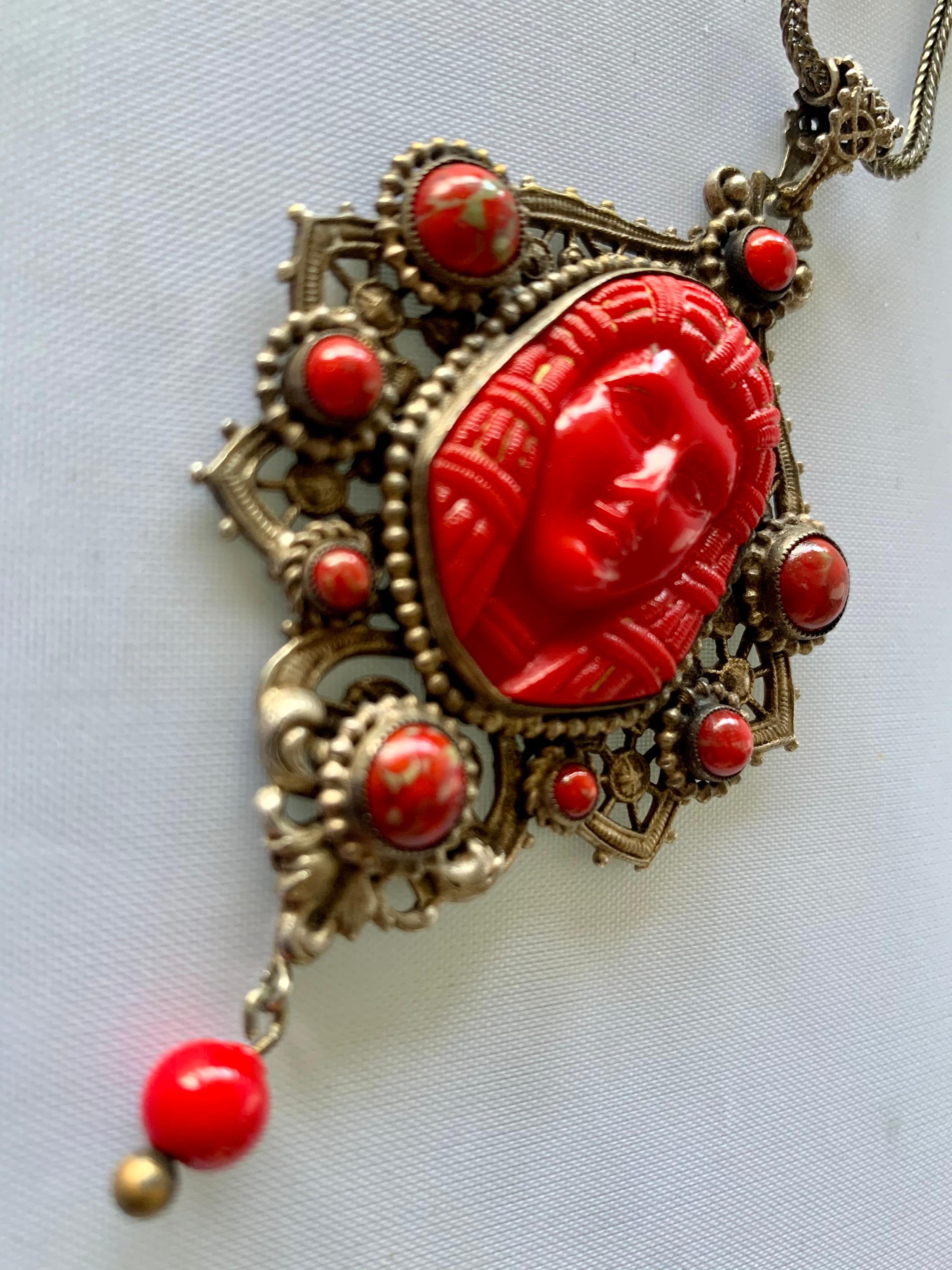 Women's Vintage Red Egyptian Revival Czech Necklace 