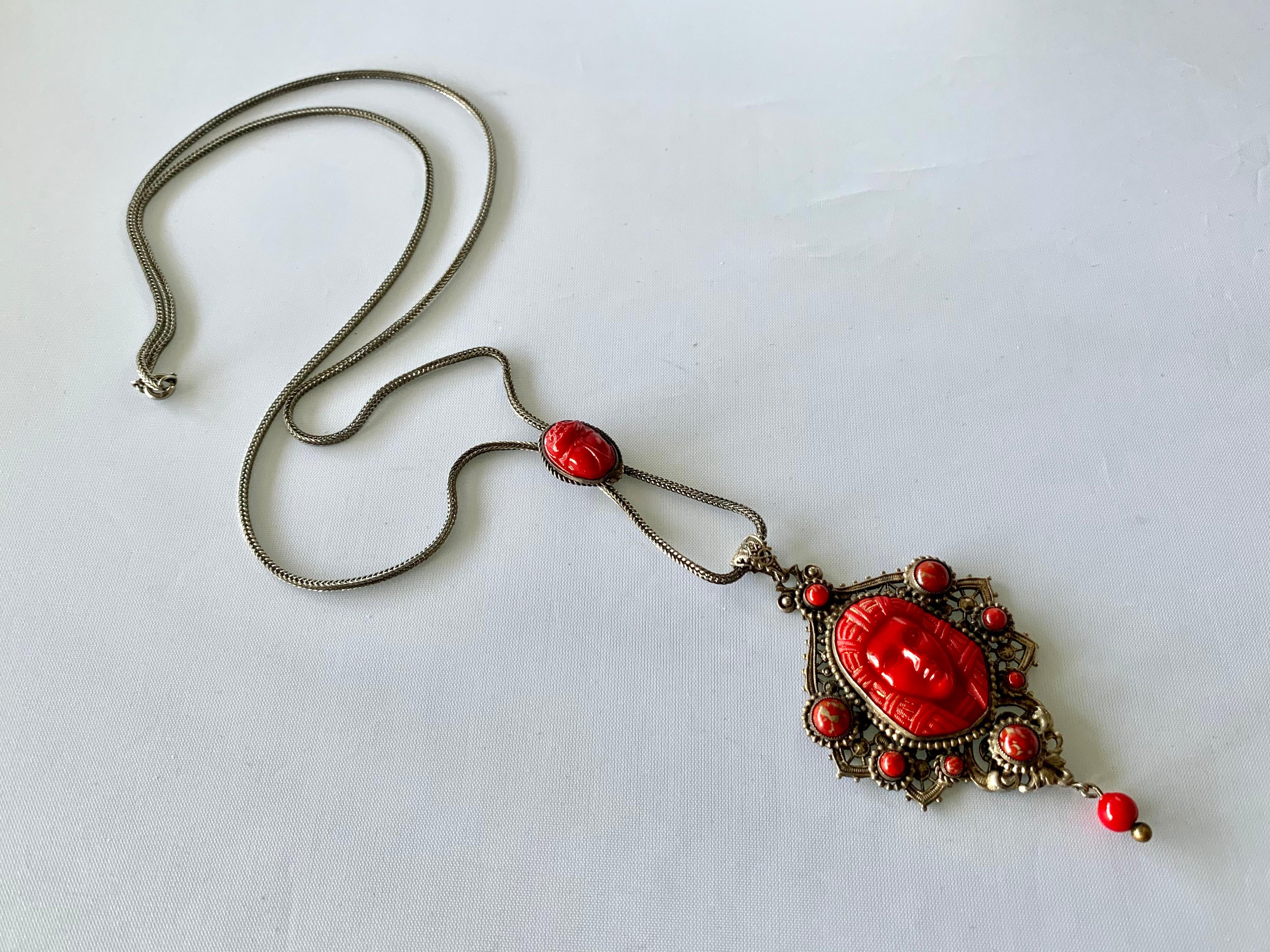 Vintage Red Egyptian Revival Czech Necklace  1