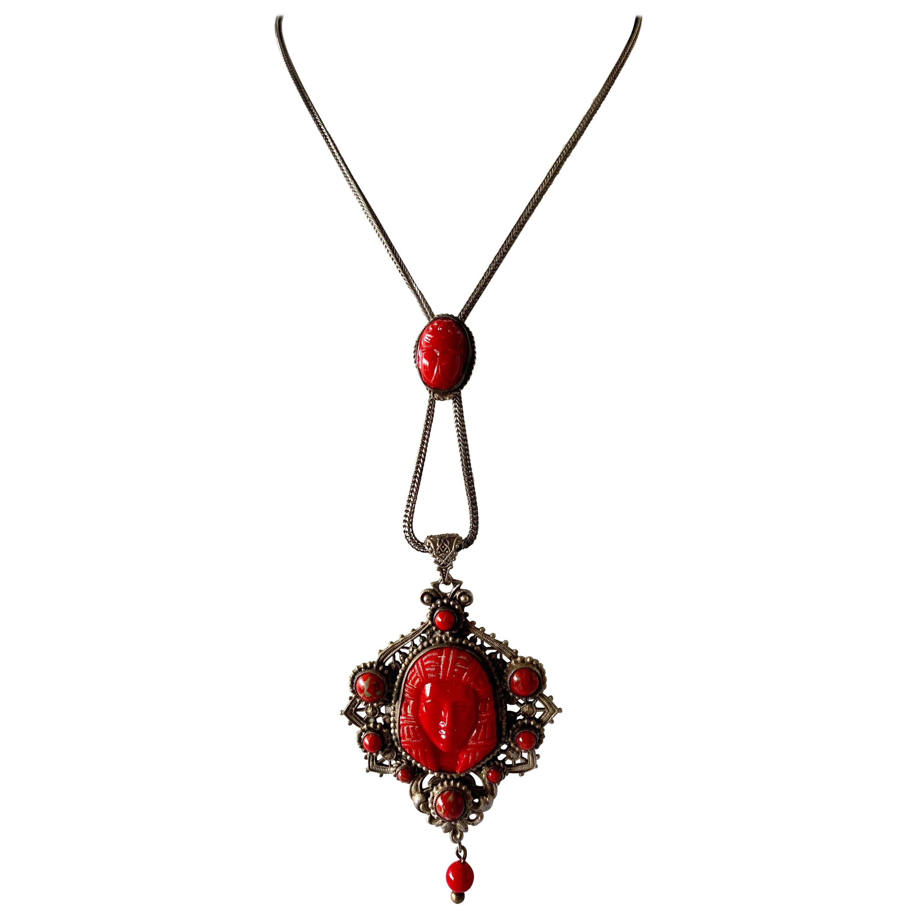 Vintage Red Egyptian Revival Czech Necklace 