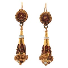 Vintage Red Enamel 18 Karat Yellow Gold Dangle Drop Earrings