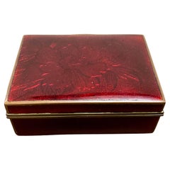 Caja vintage de latón esmaltado rojo - Diseño floral de principios a mediados del siglo XX