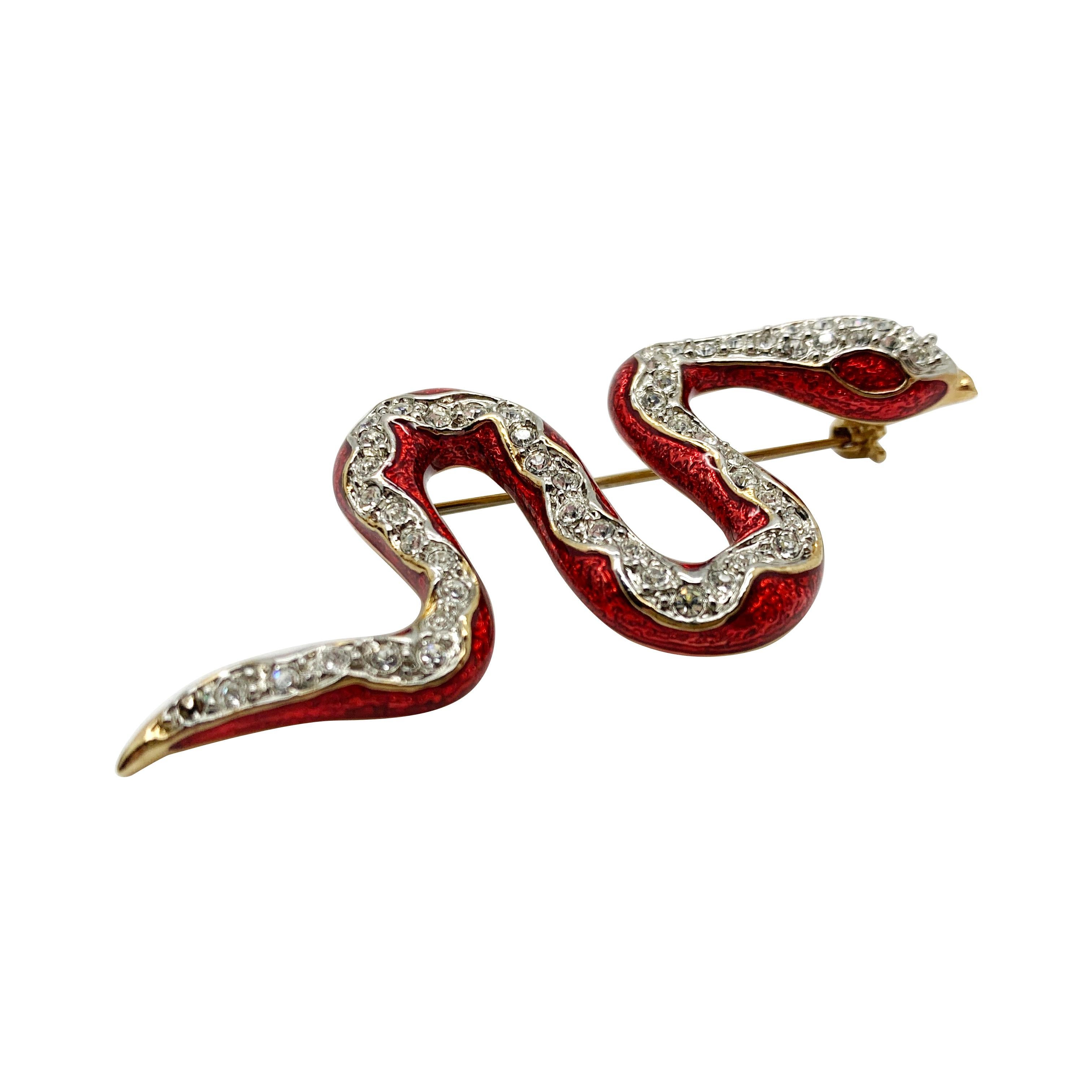 Vintage Red Enamel & Crystal Snake Brooch 1990s In Good Condition In Wilmslow, GB