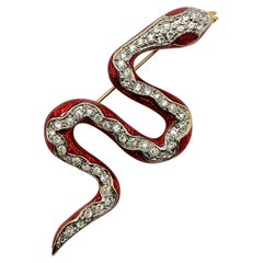 Vintage Red Enamel & Crystal Snake Brooch 1990s
