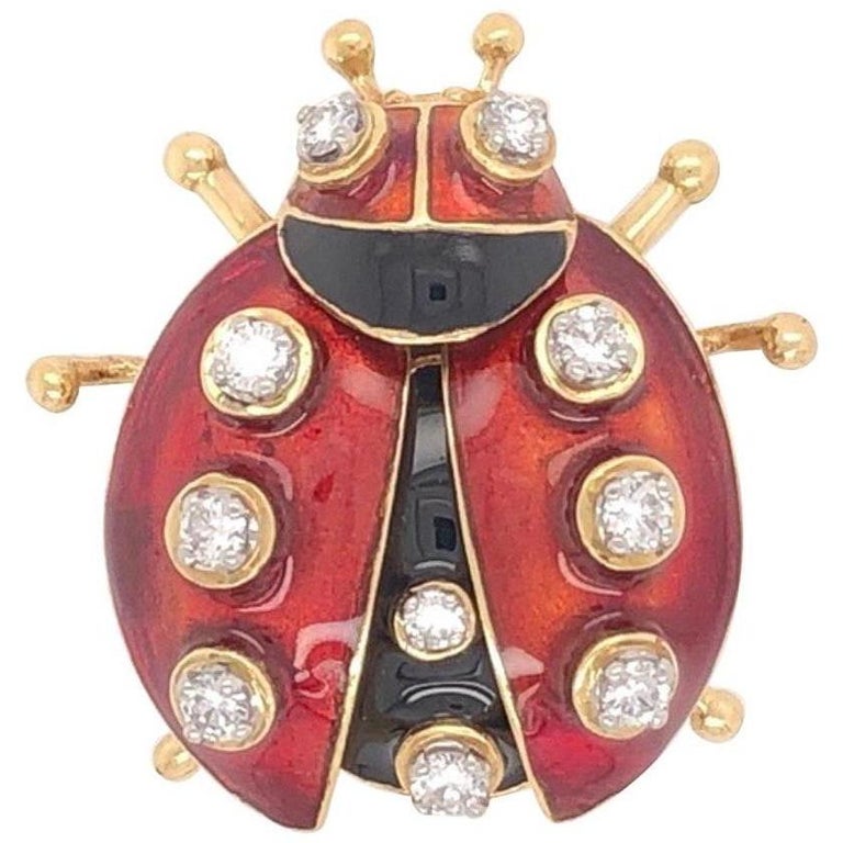 Vintage Red Enamel Diamond 18 Karat Gold Ladybug Brooch Pin Estate Fine