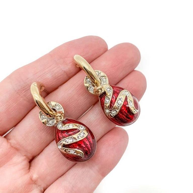 Vintage Red Enamel Snake Earrings. Featuring eggs decorated with lustrous red enamel and a coiled snake set with rhinestones. Dropping from a simple gold hoop for pierced ears. Stunning quality. Very good condition. 4 cms. The gold hoops can also be