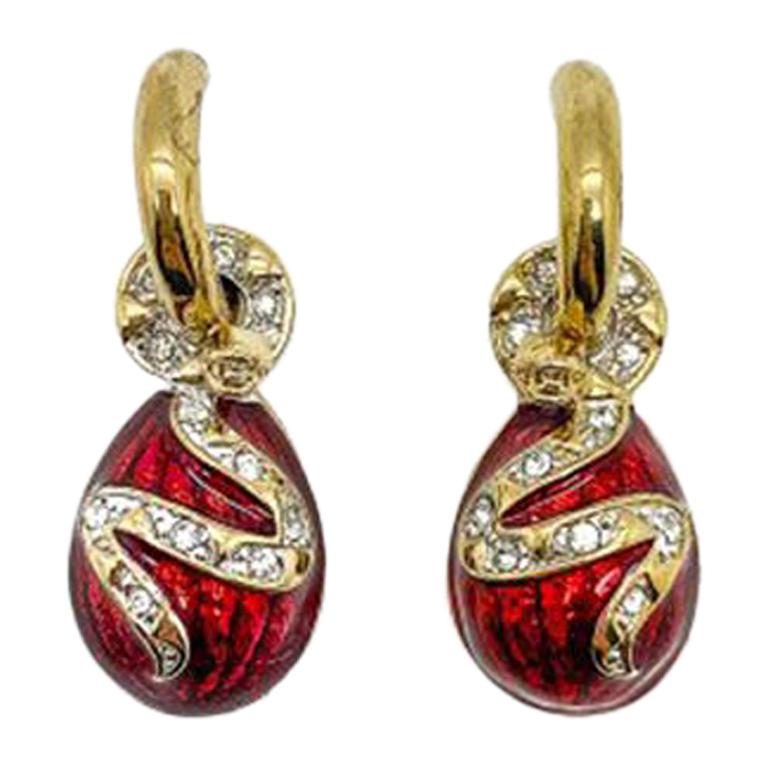 Vintage Red Enamel Egg & Coiled Snake Earrings 1980s