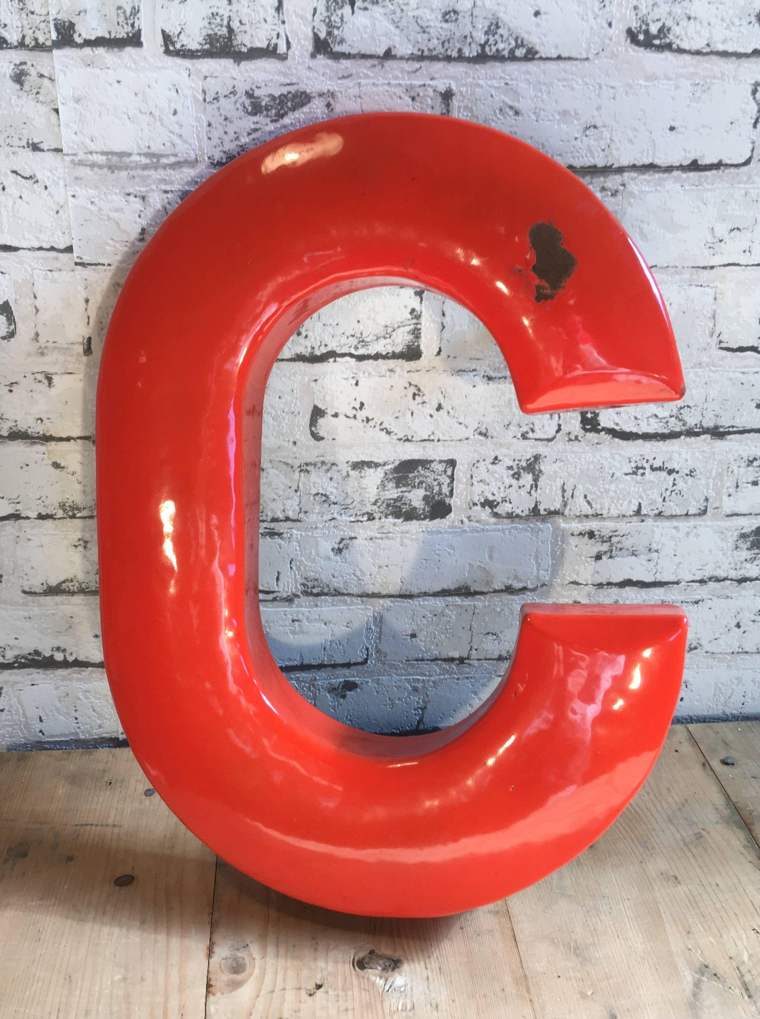 This industrial vintage letter 'C' was manufactured in former Czechoslovakia, 1930s.Comes from an old advertisement.
Letter is made from enameled iron.