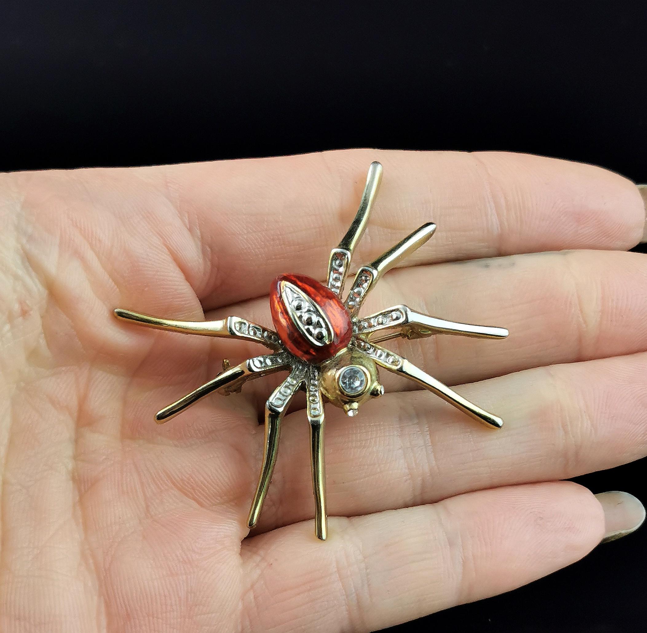 Vintage Red enamel spider brooch, Gold tone, Diamante 5