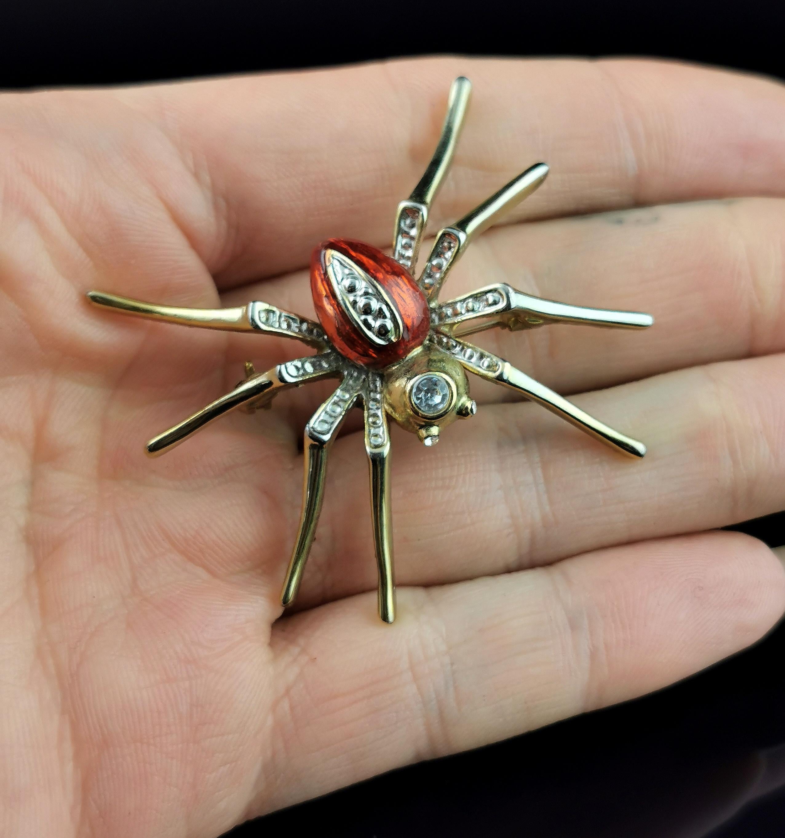 Vintage Red enamel spider brooch, Gold tone, Diamante 6