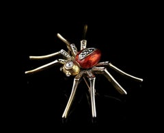 Vintage Red enamel spider brooch, Gold tone, Diamante