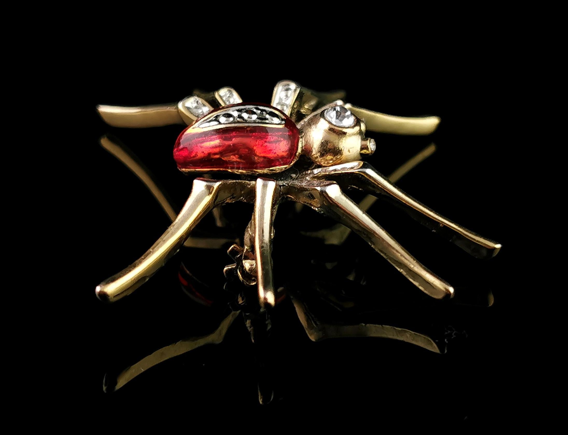 Vintage Red enamel spider brooch, Gold tone, Diamante 1