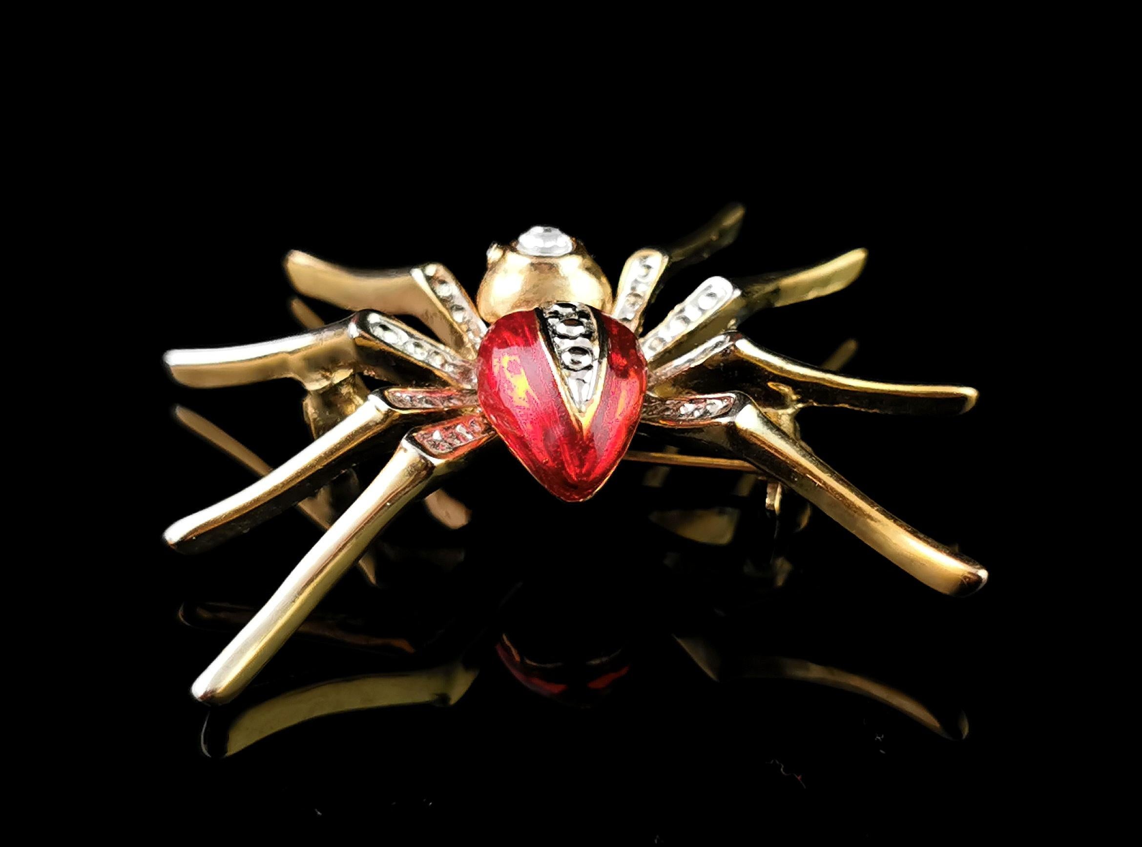 Vintage Red enamel spider brooch, Gold tone, Diamante 2