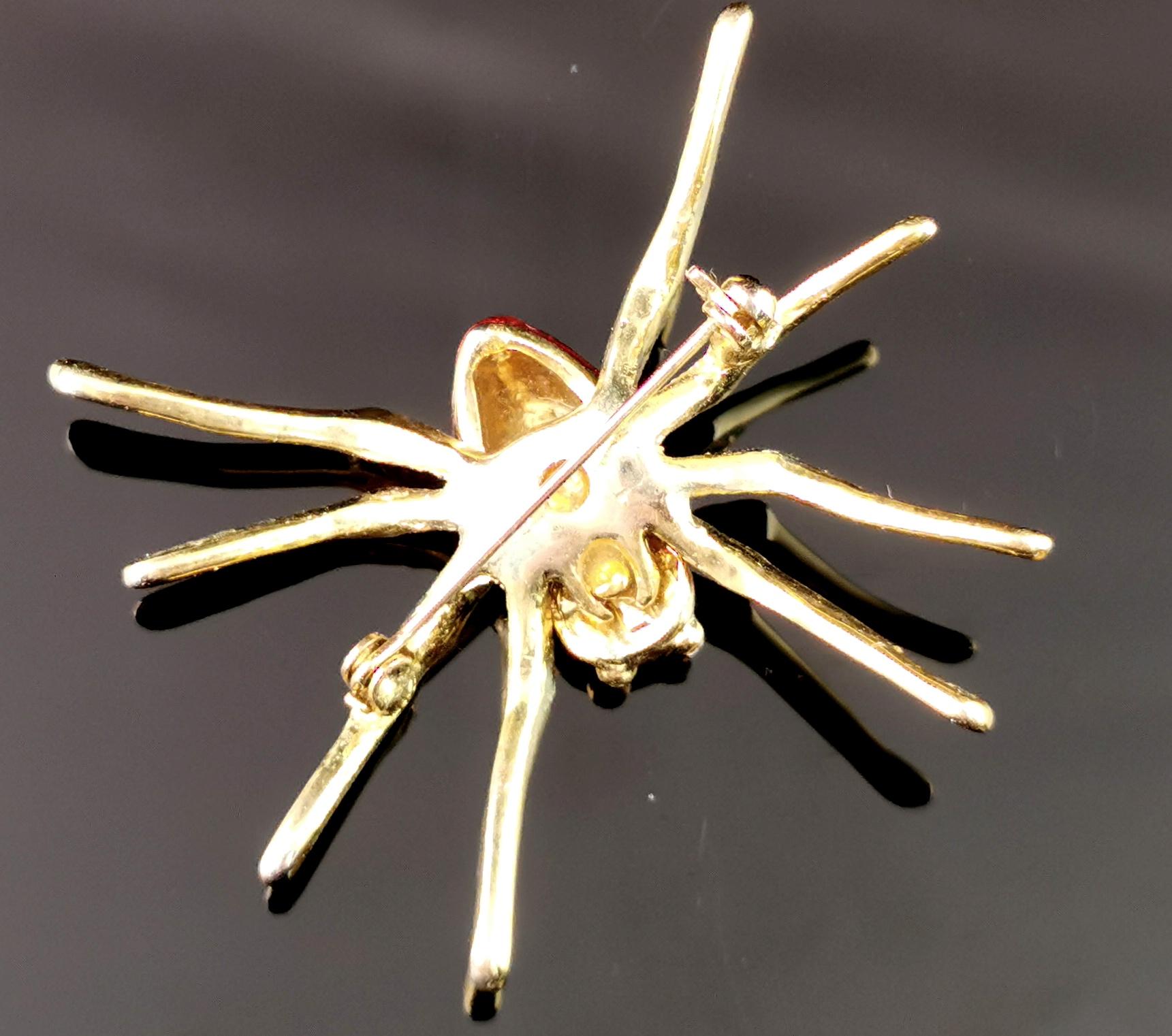 Vintage Red enamel spider brooch, Gold tone, Diamante 3