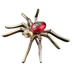 Vintage Red enamel spider brooch, Gold tone, Diamante