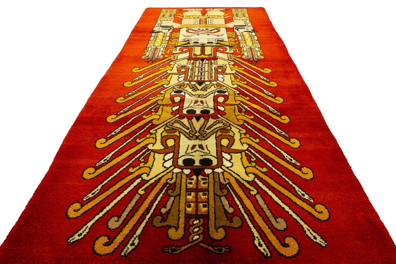 Hand-Knotted European Rug with Mayan Culture Design, 1950-1970 For Sale