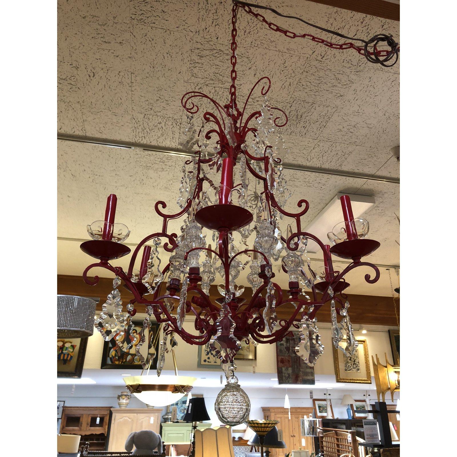 Victorian Vintage Red Finish Bronze and Crystal 6-Light Chandelier For Sale