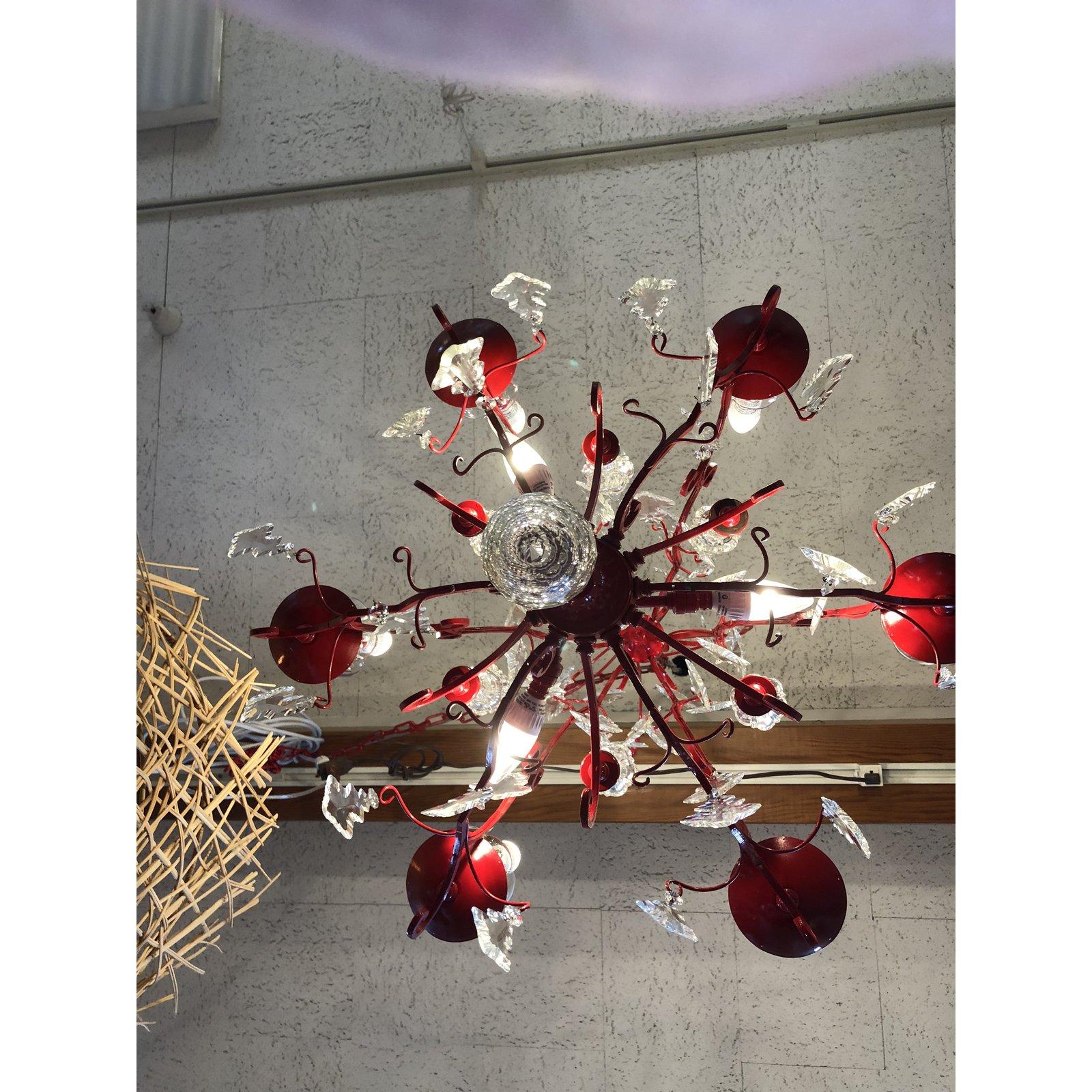 American Vintage Red Finish Bronze and Crystal 6-Light Chandelier For Sale