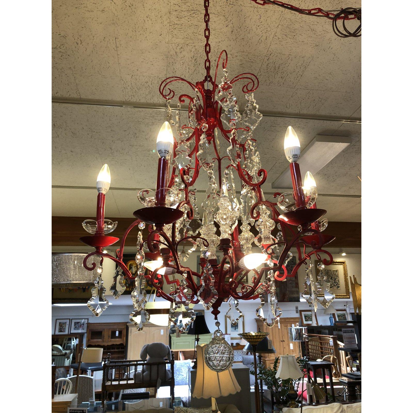 Vintage Red Finish Bronze and Crystal 6-Light Chandelier In Good Condition For Sale In San Francisco, CA