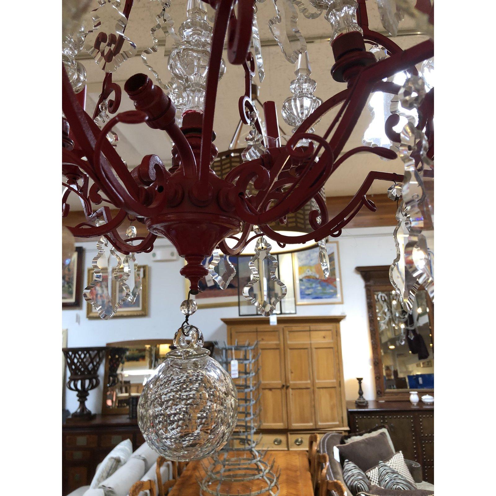 20th Century Vintage Red Finish Bronze and Crystal 6-Light Chandelier For Sale