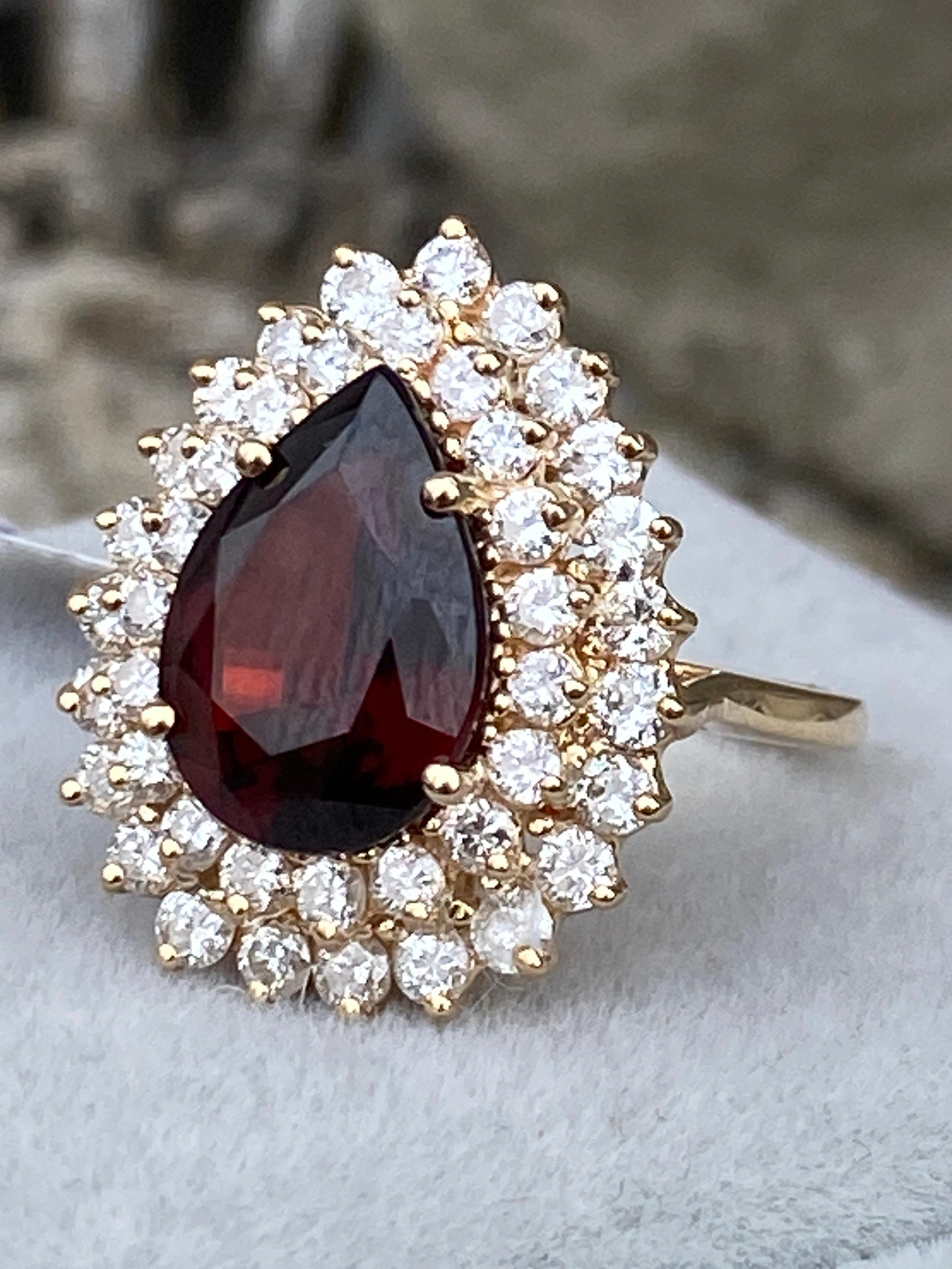 Contemporary Vintage Red Garnet & Natural Diamond 14k Yellow Gold Double Halo Ballerina Ring