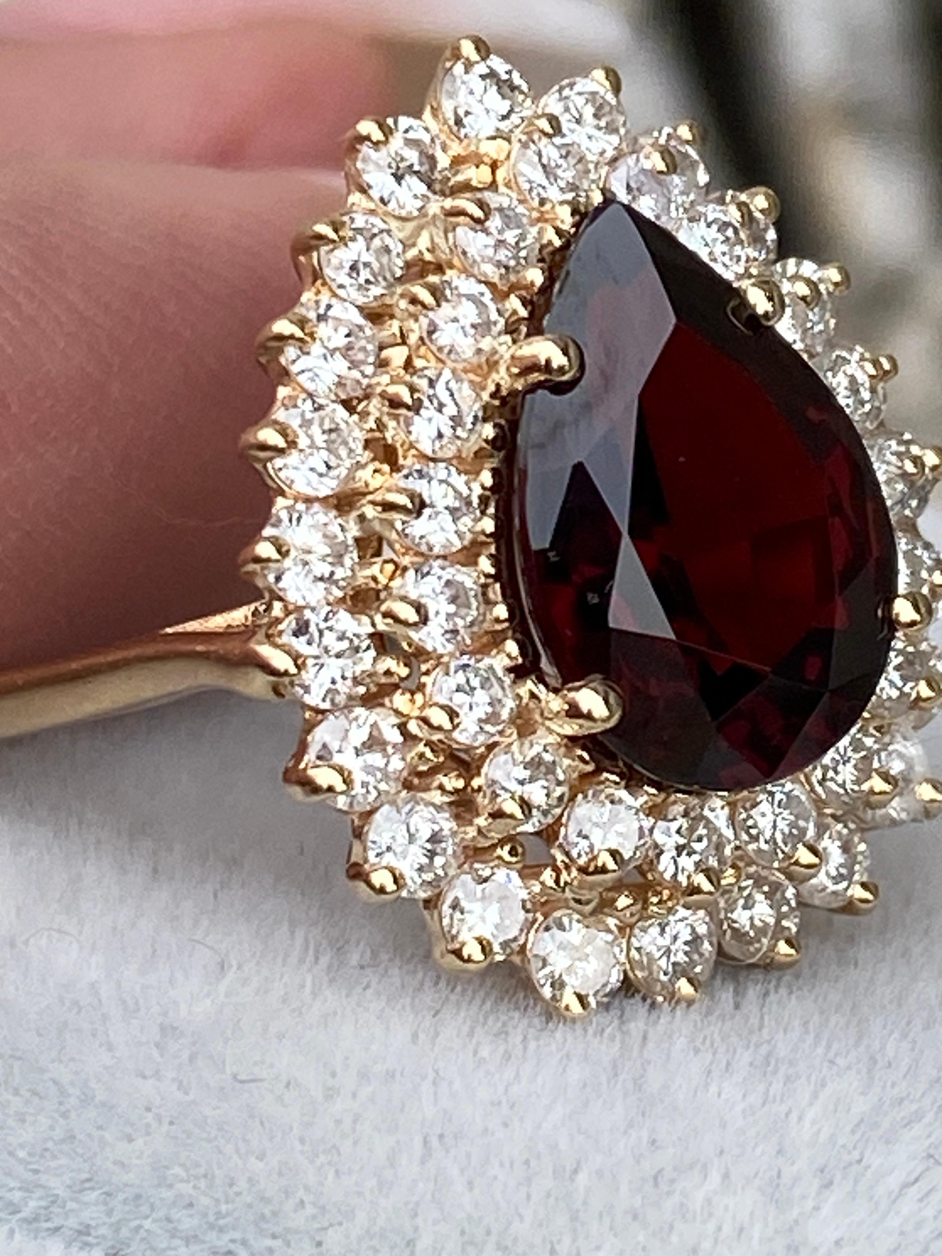 Brilliant Cut Vintage Red Garnet & Natural Diamond 14k Yellow Gold Double Halo Ballerina Ring