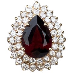 Vintage Red Garnet 
Natural Diamond 14k Yellow Gold Double Halo Ballerina Ring