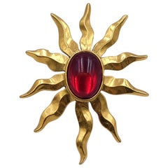 Vintage Red Glass Sun Brooch 1990's