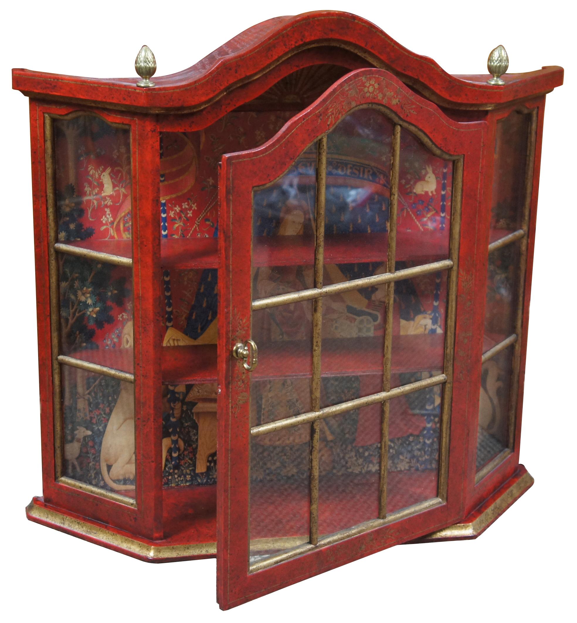 Vintage Red and Gold Distressed Wall Hanging Curio Cabinet