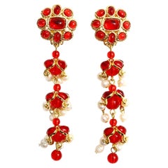 Vintage Red Gold Tone Faux Pearl and Lucite Dangling Earrings, Circa 1990s