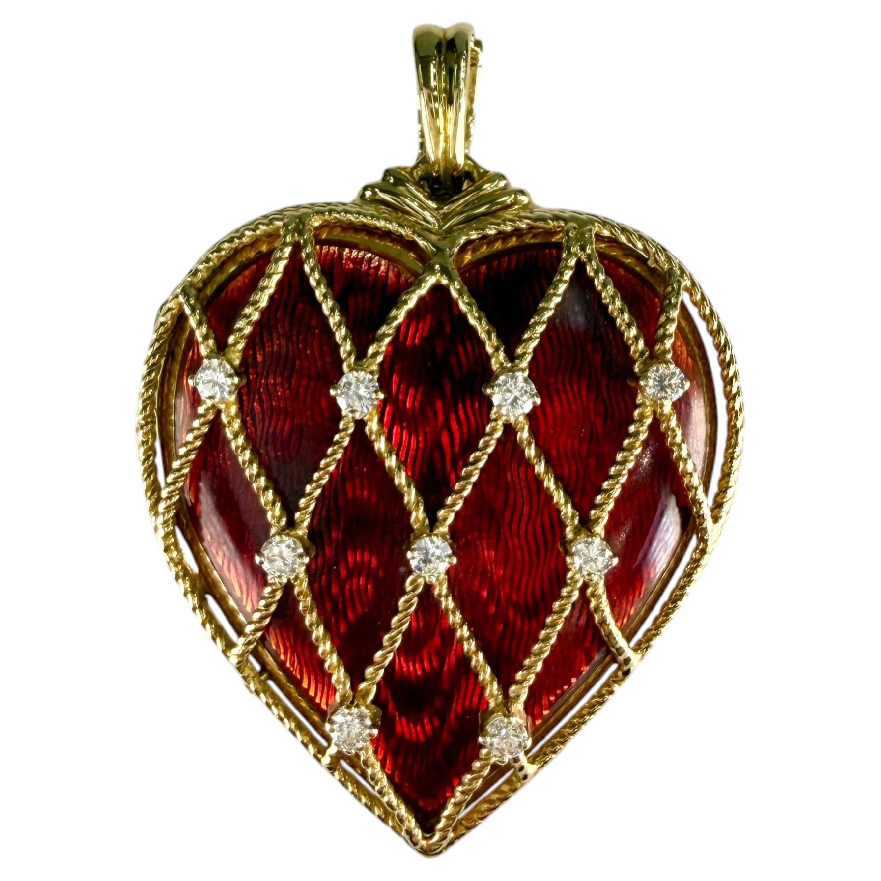Vintage Red Guilloché Enamel Diamond Locket 18k Yellow Gold For Sale