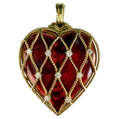 Vintage Red Guilloché Enamel Diamond Locket 18k Yellow Gold