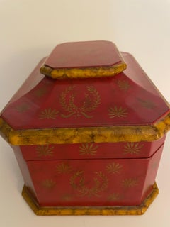 Vintage Red Hand Painted Chinoiserie Box with Faux Tortoise Trim