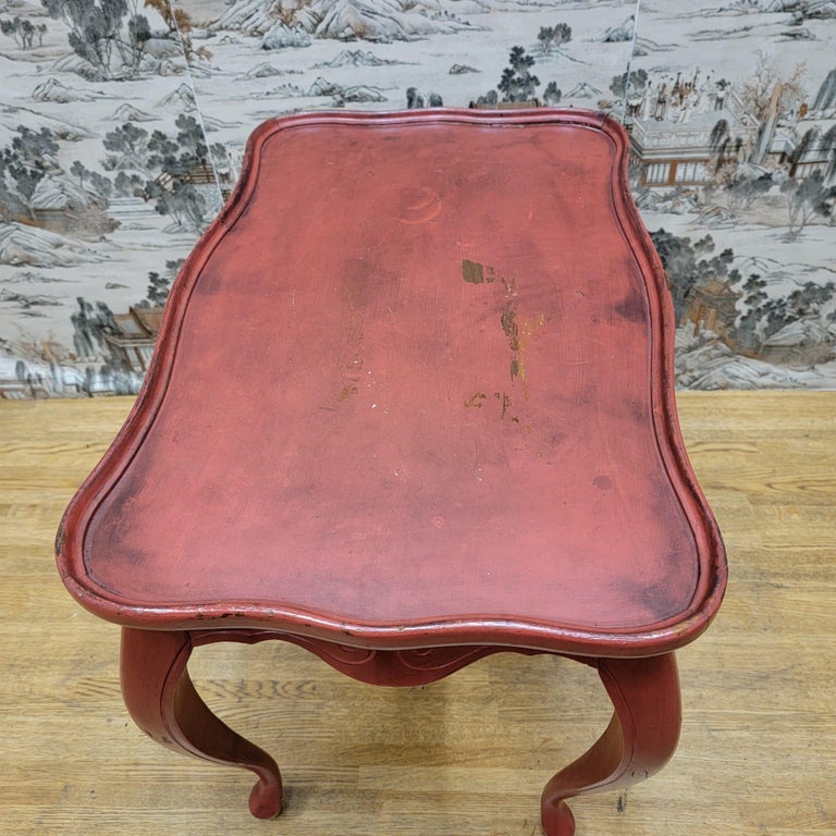 Vintage Red Hand Painted Oak Side Table For Sale at 1stDibs