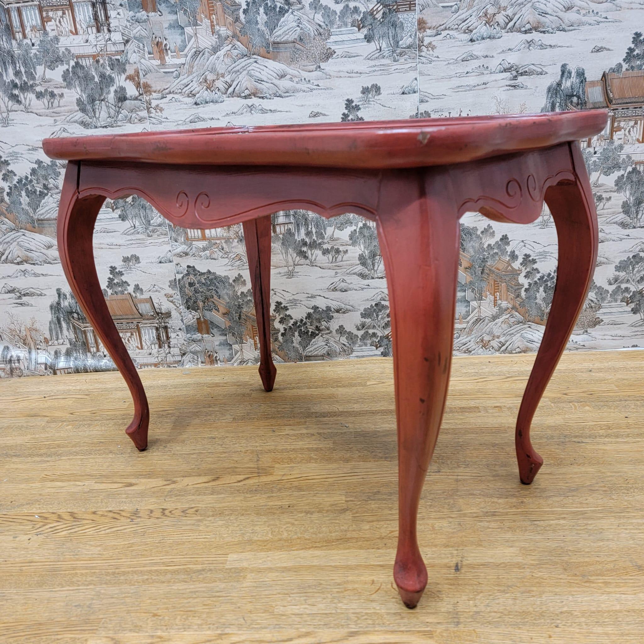 Hand-Carved Vintage Red Hand Painted Oak Side Table For Sale