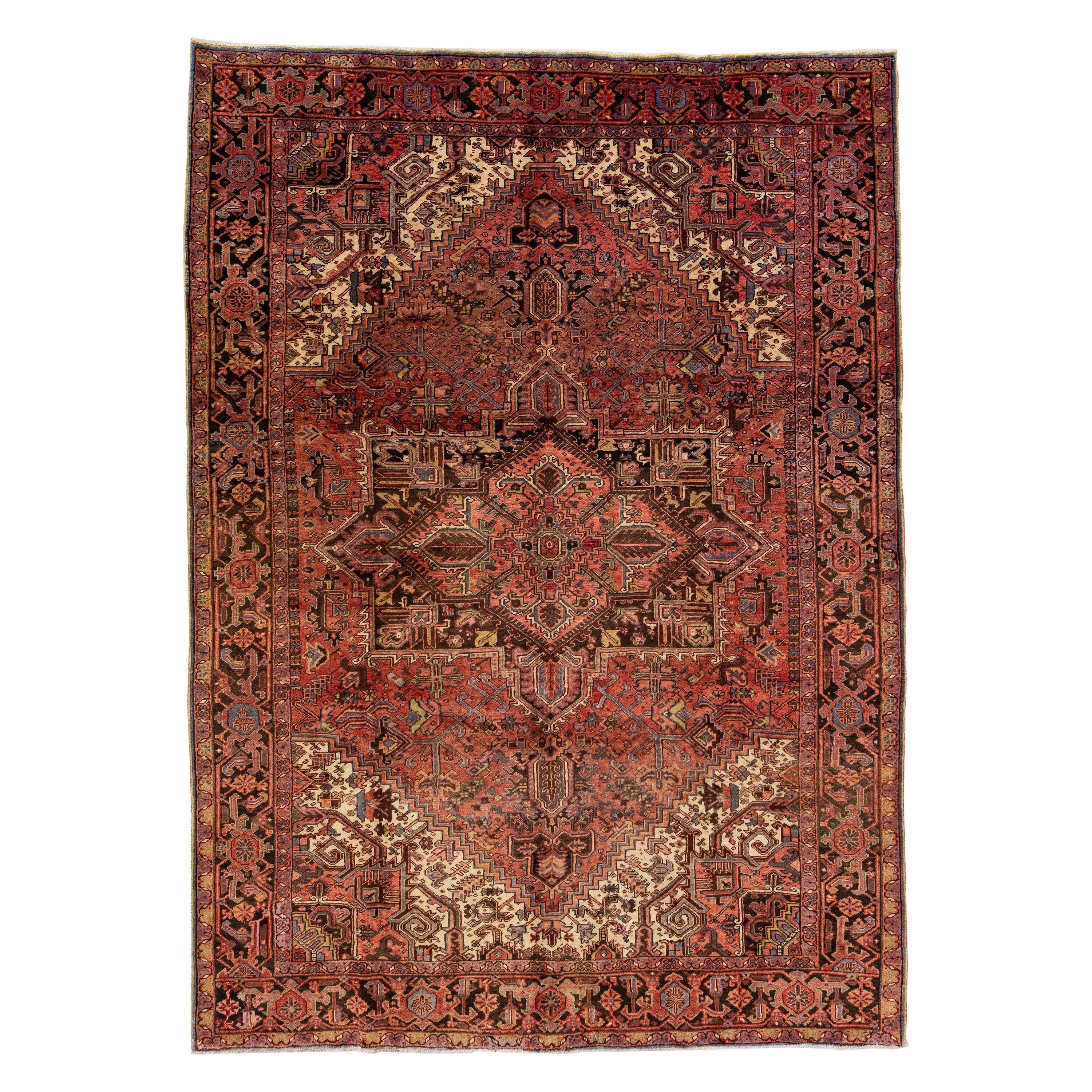 Vintage Red Heriz Handmade Wool Rug with Medallion Motif