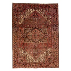 Vintage Red Heriz Handmade Wool Rug with Medallion Motif