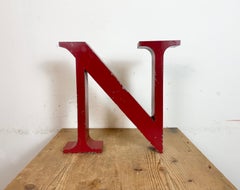 Vintage Red Iron Facade Letter N ,  1970s