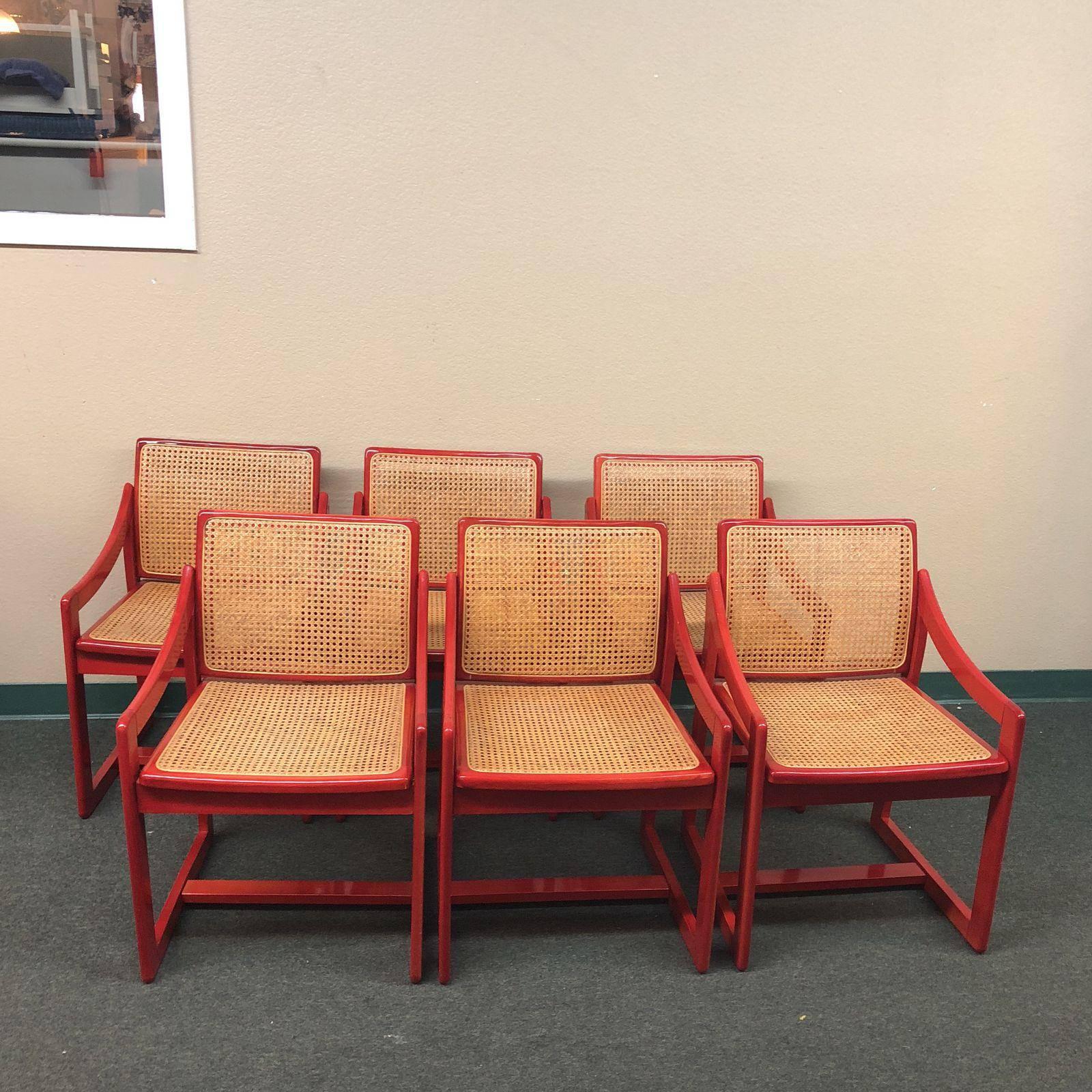 Vintage Red Italian Caned Chairs, Set of Six In Good Condition In San Francisco, CA