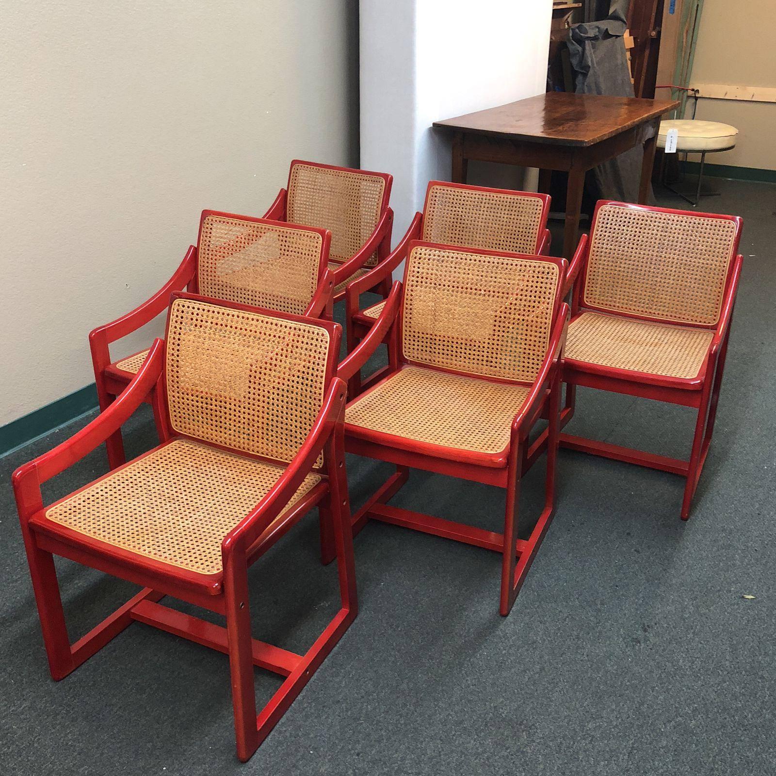 Vintage Red Italian Caned Chairs, Set of Six 2