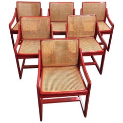 Vintage Red Italian Caned Chairs, Set of Six
