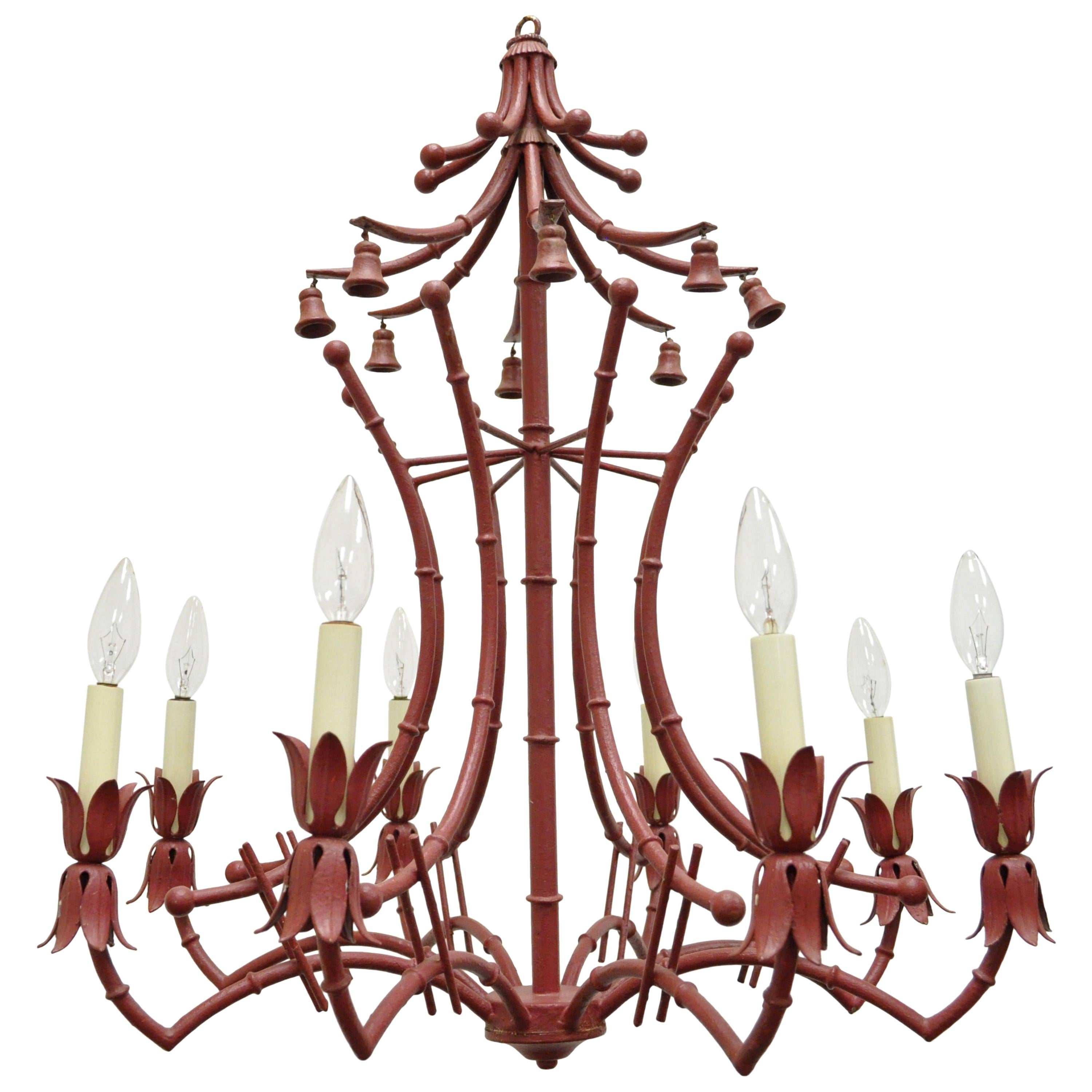 Vintage Red Italian Faux Bamboo Chinese Chippendale Tole Metal Pagoda Chandelier