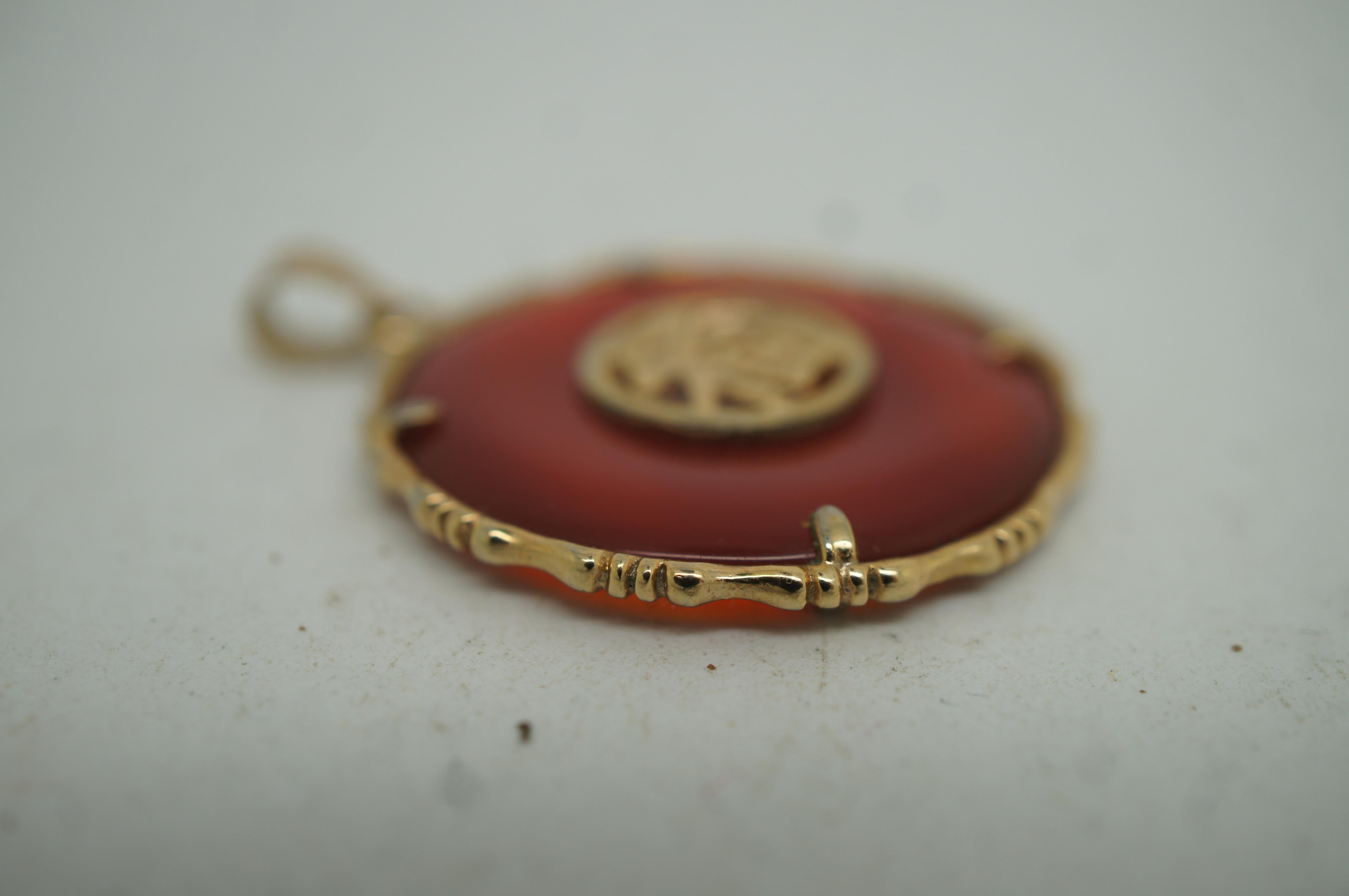 Metal Vintage Red Jade Jadeite Gold Good Luck Fortune Disc Medallion Pendant