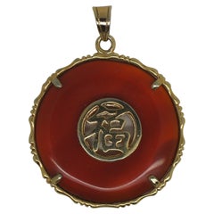 Vintage Red Jade Jadeite Gold Good Luck Fortune Disc Medallion Pendant