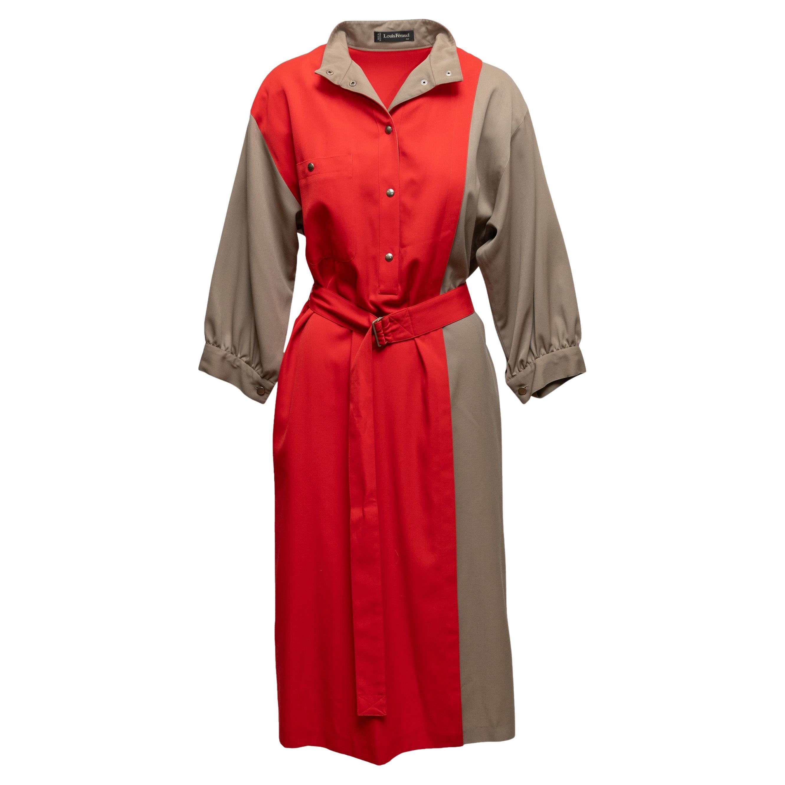 Rot & Khaki Louis Feraud Vintage Kleid mit Gürtel Größe FR 42 im Angebot