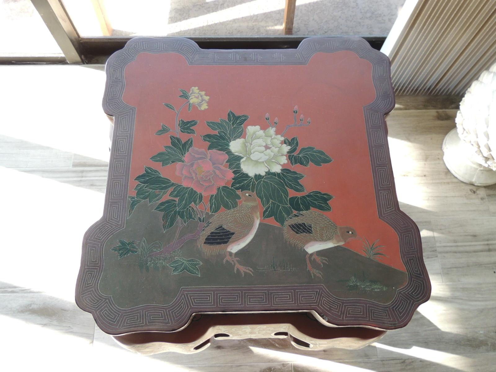 Vintage Red Lacquer Asian Side Table or Stool 1