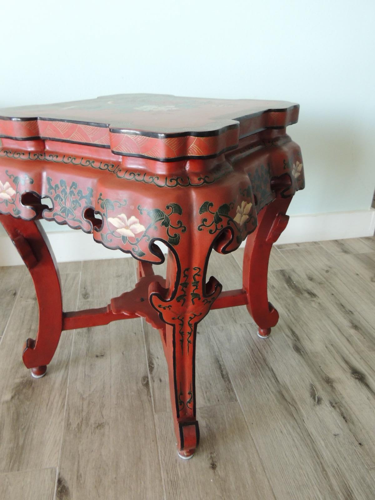 20th Century Vintage Red Lacquer Asian Side Table or Stool